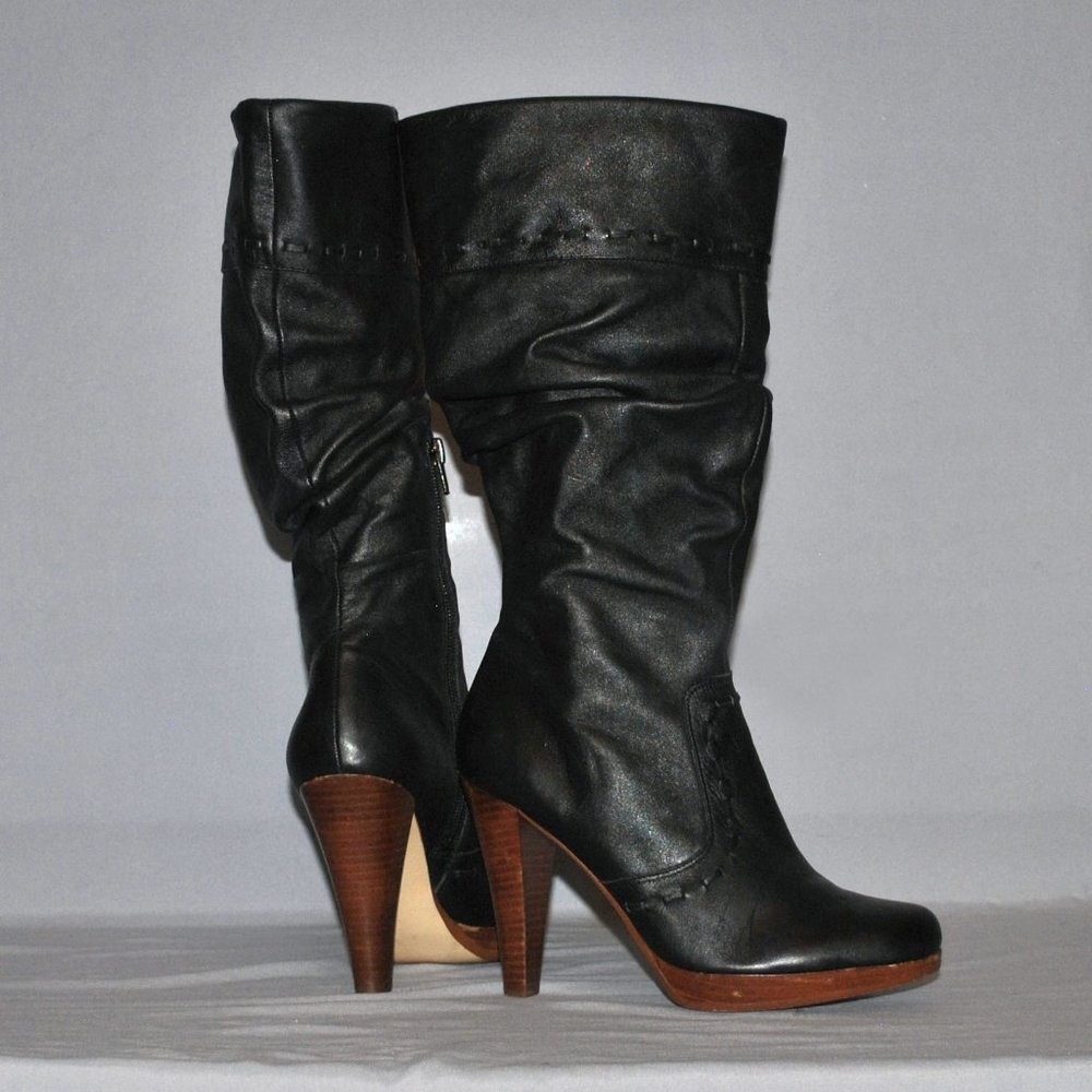 Guess by Marciano Black Leather Heeled Boots with Brown Wood-Look Heel